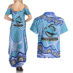 Cronulla Sutherland Sharks Couples Matching Summer Maxi Dress and Hawaiian Shirt Aboriginal Dot Pattern - Rugby Mascot Heritage Pride