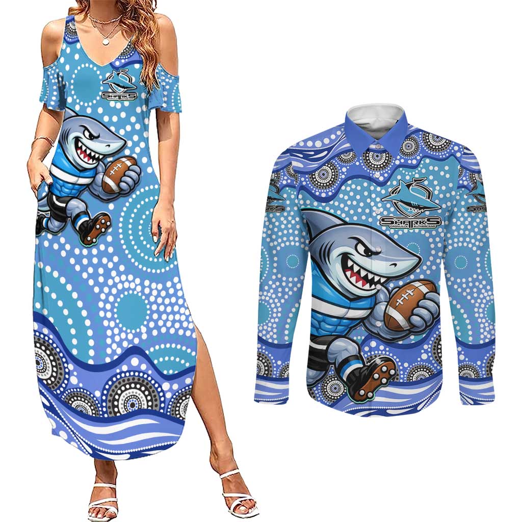 Cronulla Sutherland Sharks Couples Matching Summer Maxi Dress and Long Sleeve Button Shirt Aboriginal Dot Pattern - Rugby Mascot Heritage Pride