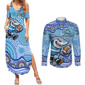 Cronulla Sutherland Sharks Couples Matching Summer Maxi Dress and Long Sleeve Button Shirt Aboriginal Dot Pattern - Rugby Mascot Heritage Pride