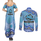 Cronulla Sutherland Sharks Couples Matching Summer Maxi Dress and Long Sleeve Button Shirt Aboriginal Dot Pattern - Rugby Mascot Heritage Pride