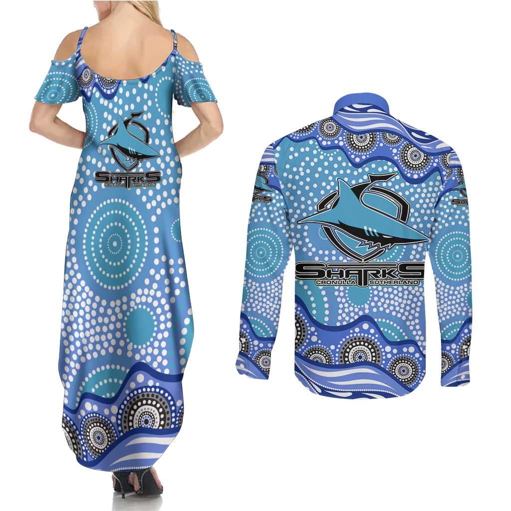 Cronulla Sutherland Sharks Couples Matching Summer Maxi Dress and Long Sleeve Button Shirt Aboriginal Dot Pattern - Rugby Mascot Heritage Pride