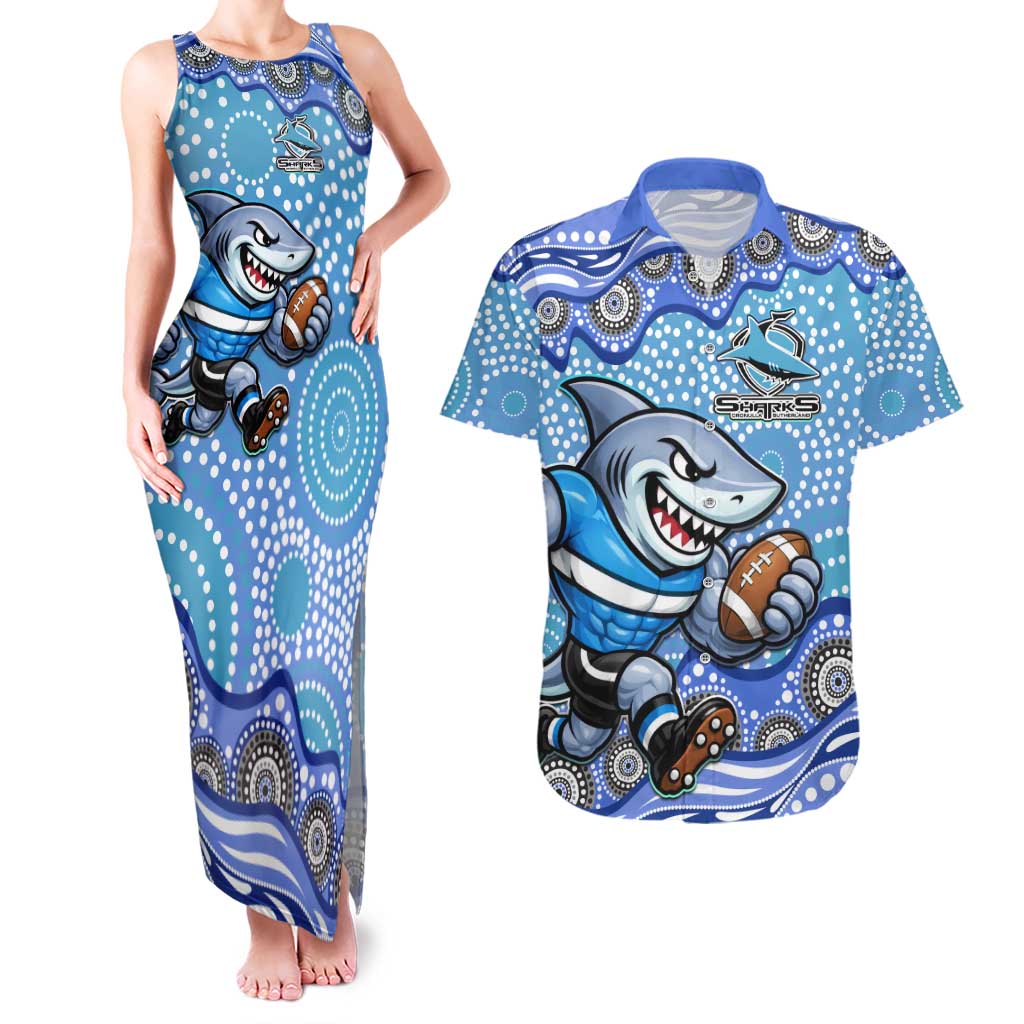 Cronulla Sutherland Sharks Couples Matching Tank Maxi Dress and Hawaiian Shirt Aboriginal Dot Pattern - Rugby Mascot Heritage Pride