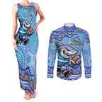 Cronulla Sutherland Sharks Couples Matching Tank Maxi Dress and Long Sleeve Button Shirt Aboriginal Dot Pattern - Rugby Mascot Heritage Pride