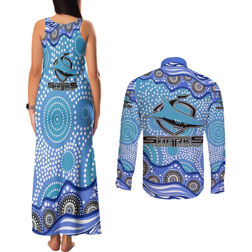 Cronulla Sutherland Sharks Couples Matching Tank Maxi Dress and Long Sleeve Button Shirt Aboriginal Dot Pattern - Rugby Mascot Heritage Pride