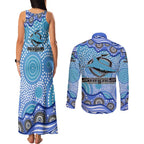 Cronulla Sutherland Sharks Couples Matching Tank Maxi Dress and Long Sleeve Button Shirt Aboriginal Dot Pattern - Rugby Mascot Heritage Pride