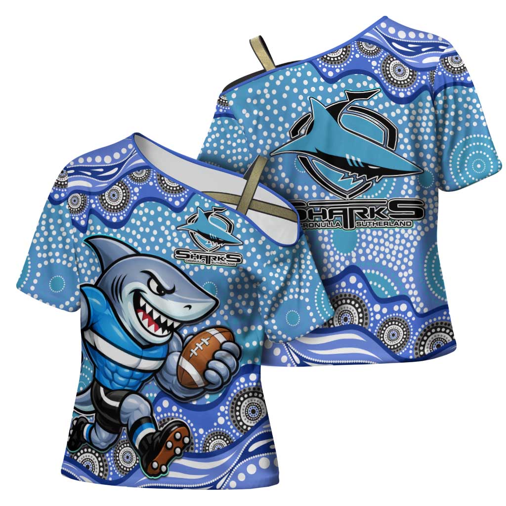 Cronulla Sutherland Sharks Cross Shoulder Shirt Aboriginal Dot Pattern - Rugby Mascot Heritage Pride