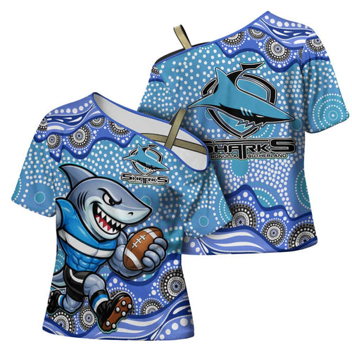 Cronulla Sutherland Sharks Cross Shoulder Shirt Aboriginal Dot Pattern - Rugby Mascot Heritage Pride