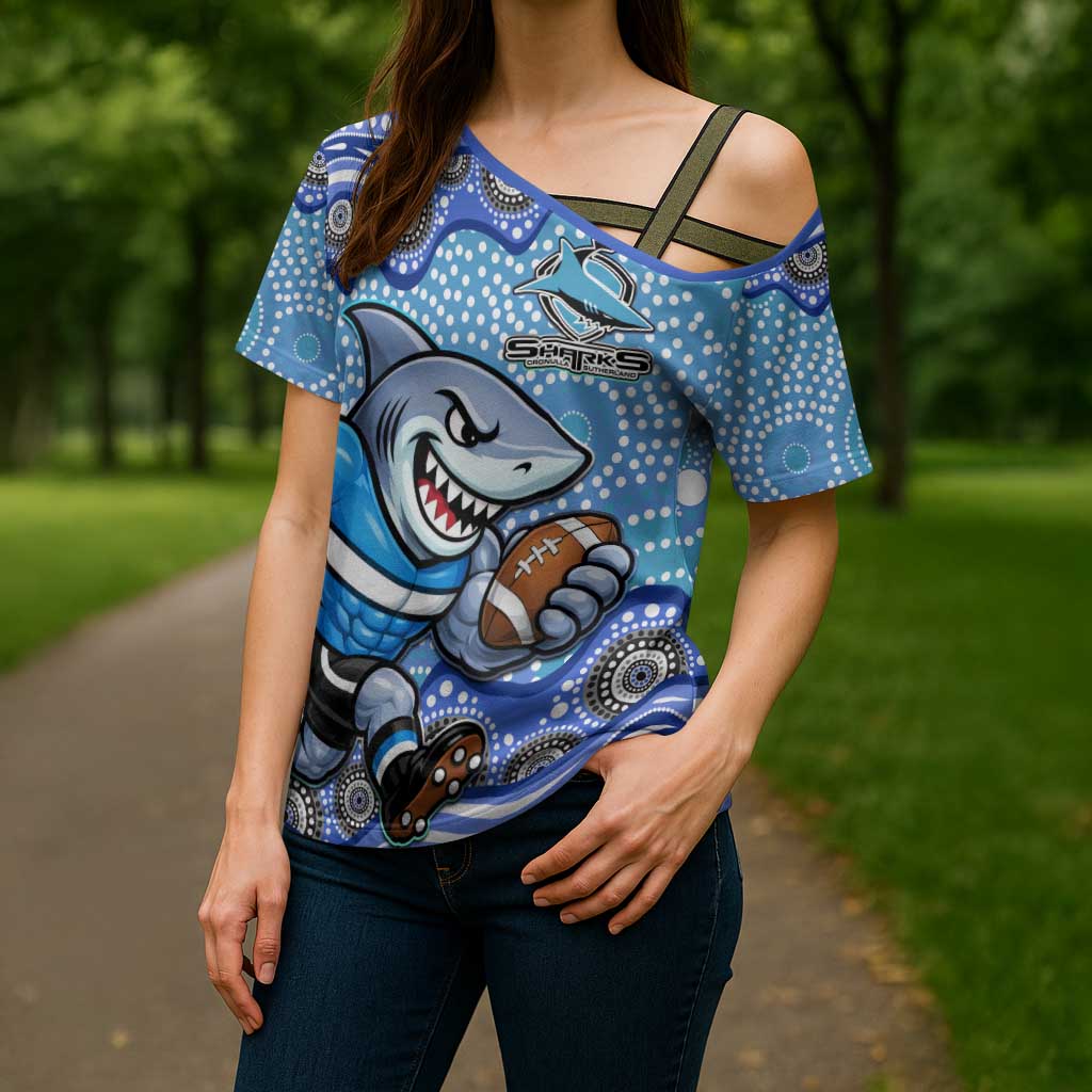 Cronulla Sutherland Sharks Cross Shoulder Shirt Aboriginal Dot Pattern - Rugby Mascot Heritage Pride