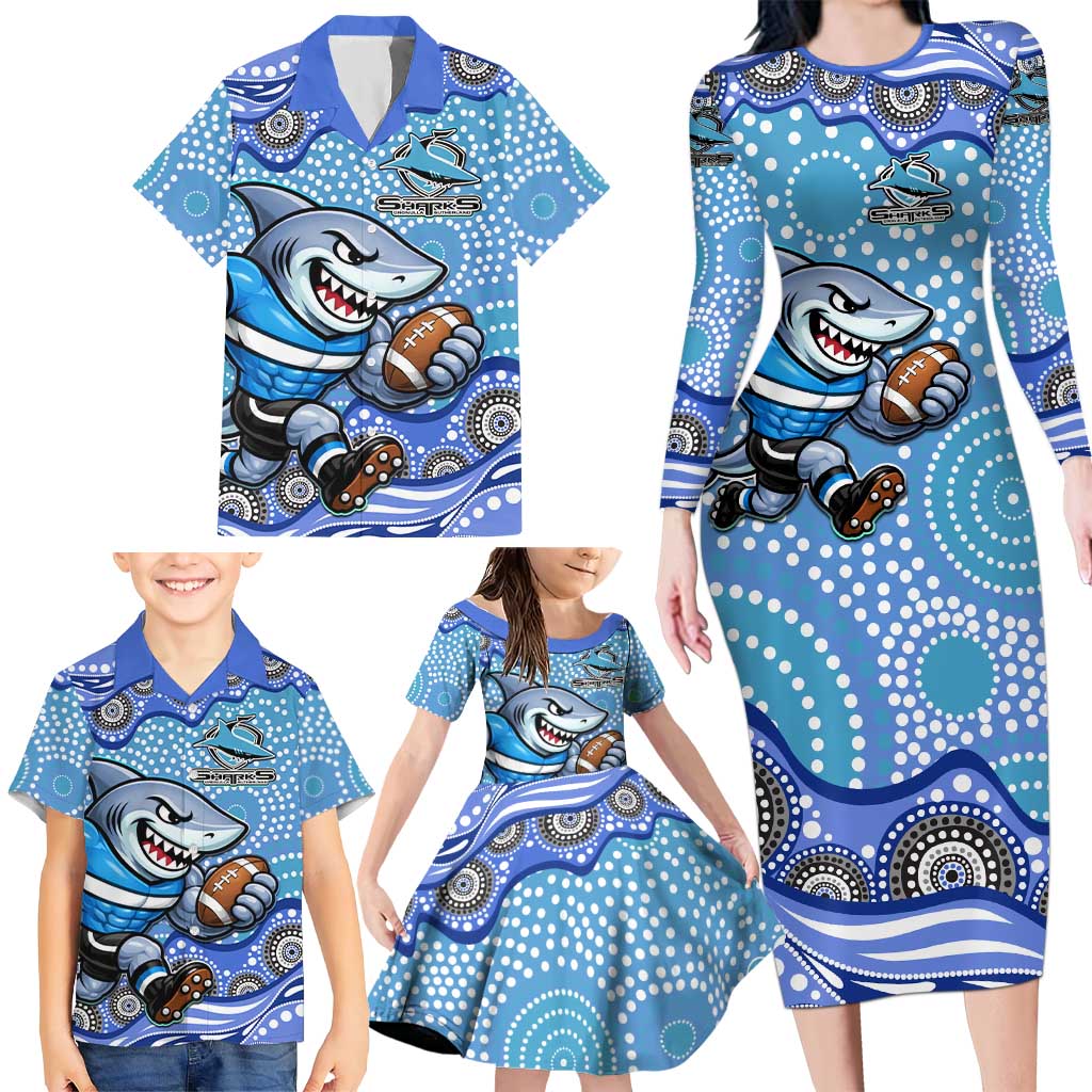 Cronulla Sutherland Sharks Family Matching Long Sleeve Bodycon Dress and Hawaiian Shirt Aboriginal Dot Pattern - Rugby Mascot Heritage Pride