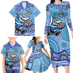Cronulla Sutherland Sharks Family Matching Long Sleeve Bodycon Dress and Hawaiian Shirt Aboriginal Dot Pattern - Rugby Mascot Heritage Pride
