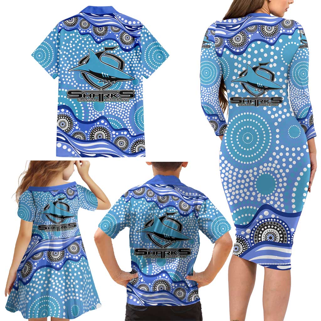Cronulla Sutherland Sharks Family Matching Long Sleeve Bodycon Dress and Hawaiian Shirt Aboriginal Dot Pattern - Rugby Mascot Heritage Pride