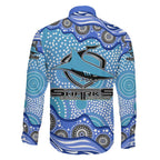 Cronulla Sutherland Sharks Family Matching Long Sleeve Bodycon Dress and Hawaiian Shirt Aboriginal Dot Pattern - Rugby Mascot Heritage Pride