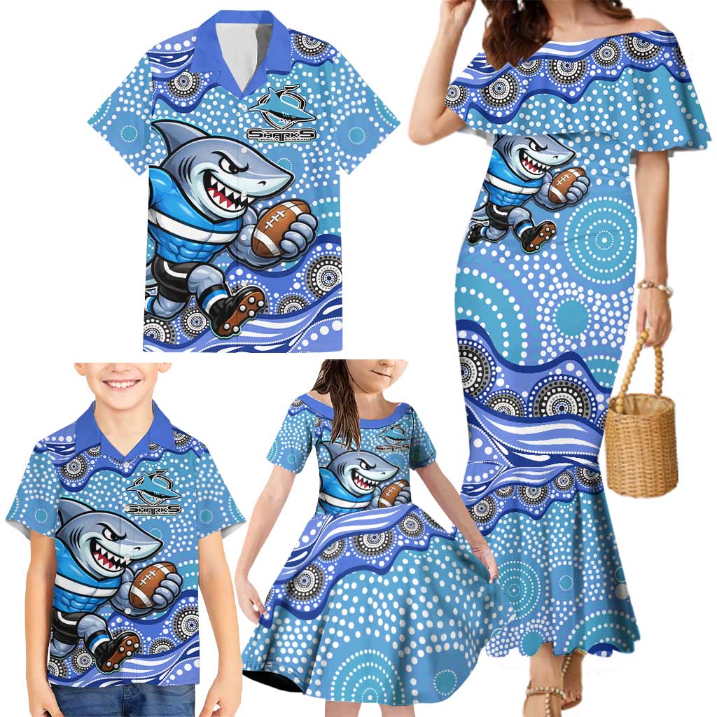 Cronulla Sutherland Sharks Family Matching Mermaid Dress and Hawaiian Shirt Aboriginal Dot Pattern - Rugby Mascot Heritage Pride