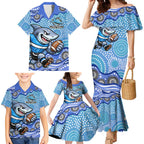Cronulla Sutherland Sharks Family Matching Mermaid Dress and Hawaiian Shirt Aboriginal Dot Pattern - Rugby Mascot Heritage Pride