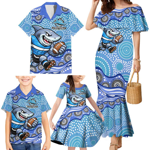 Cronulla Sutherland Sharks Family Matching Mermaid Dress and Hawaiian Shirt Aboriginal Dot Pattern - Rugby Mascot Heritage Pride