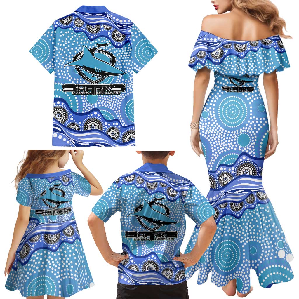 Cronulla Sutherland Sharks Family Matching Mermaid Dress and Hawaiian Shirt Aboriginal Dot Pattern - Rugby Mascot Heritage Pride
