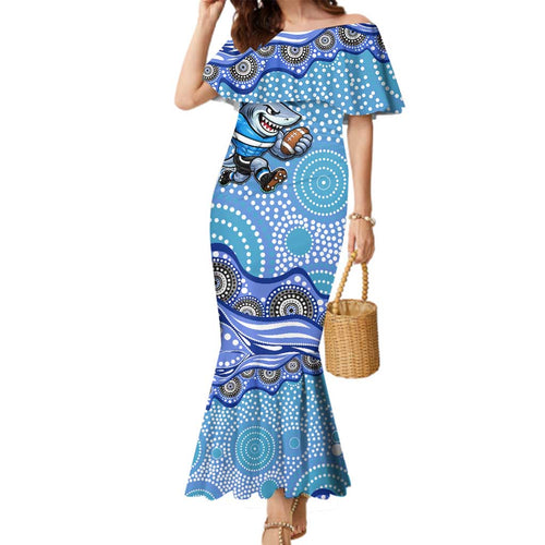 Cronulla Sutherland Sharks Family Matching Mermaid Dress and Hawaiian Shirt Aboriginal Dot Pattern - Rugby Mascot Heritage Pride