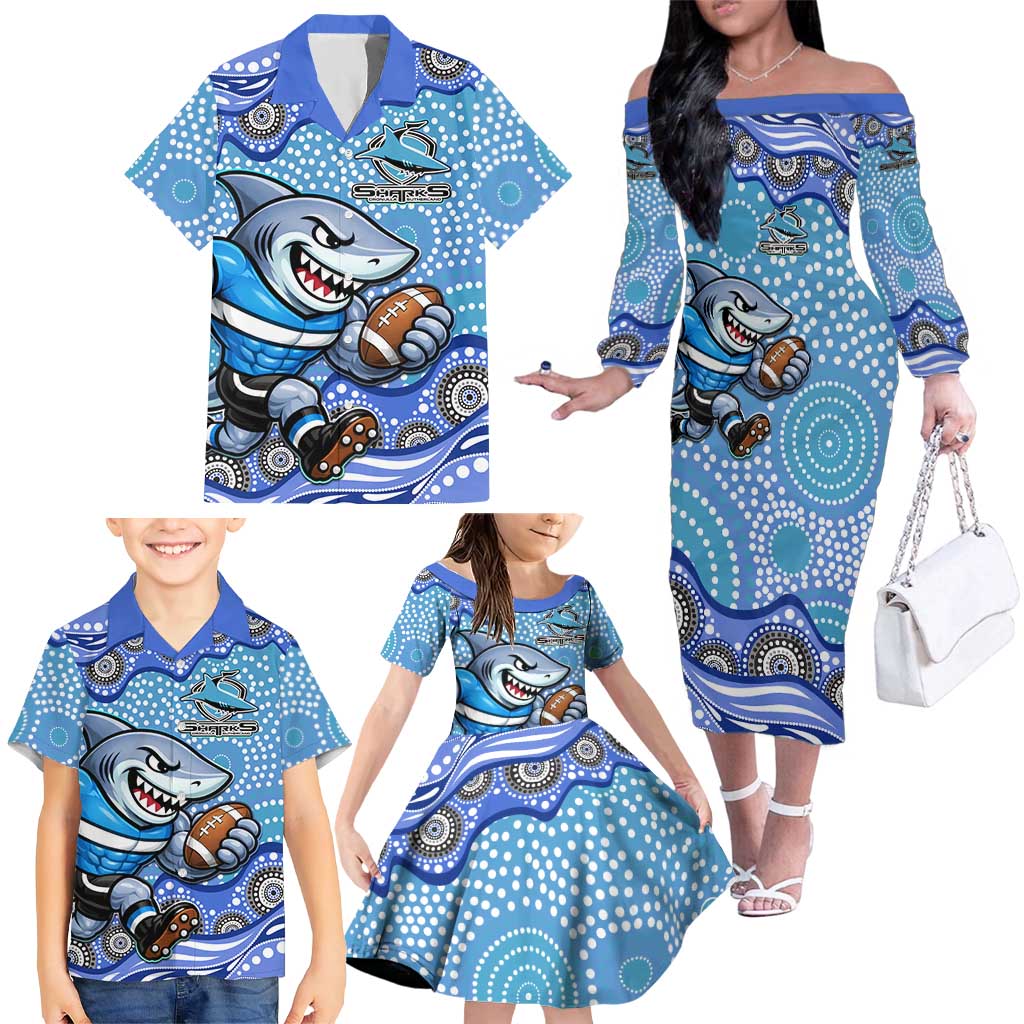 Cronulla Sutherland Sharks Family Matching Off The Shoulder Long Sleeve Dress and Hawaiian Shirt Aboriginal Dot Pattern - Rugby Mascot Heritage Pride