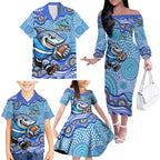 Cronulla Sutherland Sharks Family Matching Off The Shoulder Long Sleeve Dress and Hawaiian Shirt Aboriginal Dot Pattern - Rugby Mascot Heritage Pride