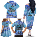 Cronulla Sutherland Sharks Family Matching Off The Shoulder Long Sleeve Dress and Hawaiian Shirt Aboriginal Dot Pattern - Rugby Mascot Heritage Pride