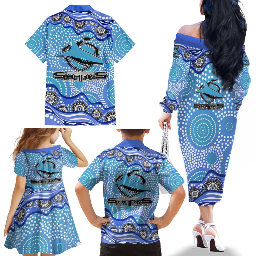 Cronulla Sutherland Sharks Family Matching Off The Shoulder Long Sleeve Dress and Hawaiian Shirt Aboriginal Dot Pattern - Rugby Mascot Heritage Pride