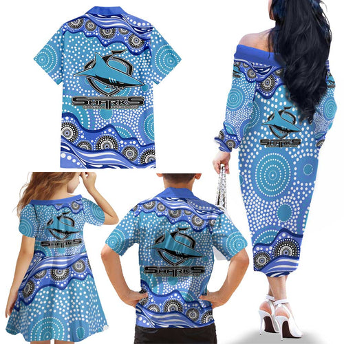 Cronulla Sutherland Sharks Family Matching Off The Shoulder Long Sleeve Dress and Hawaiian Shirt Aboriginal Dot Pattern - Rugby Mascot Heritage Pride