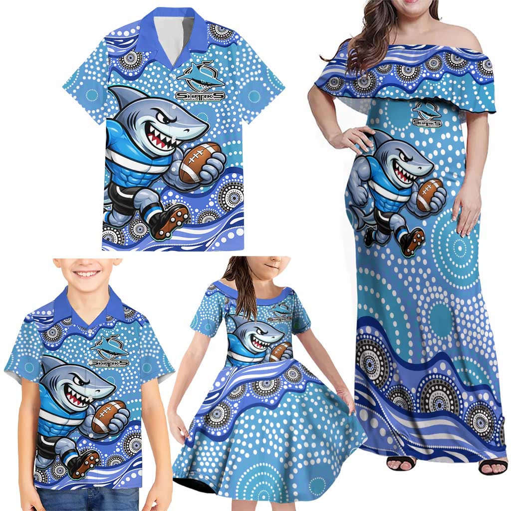 Cronulla Sutherland Sharks Family Matching Off Shoulder Maxi Dress and Hawaiian Shirt Aboriginal Dot Pattern - Rugby Mascot Heritage Pride