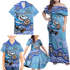 Cronulla Sutherland Sharks Family Matching Off Shoulder Maxi Dress and Hawaiian Shirt Aboriginal Dot Pattern - Rugby Mascot Heritage Pride