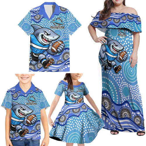 Cronulla Sutherland Sharks Family Matching Off Shoulder Maxi Dress and Hawaiian Shirt Aboriginal Dot Pattern - Rugby Mascot Heritage Pride