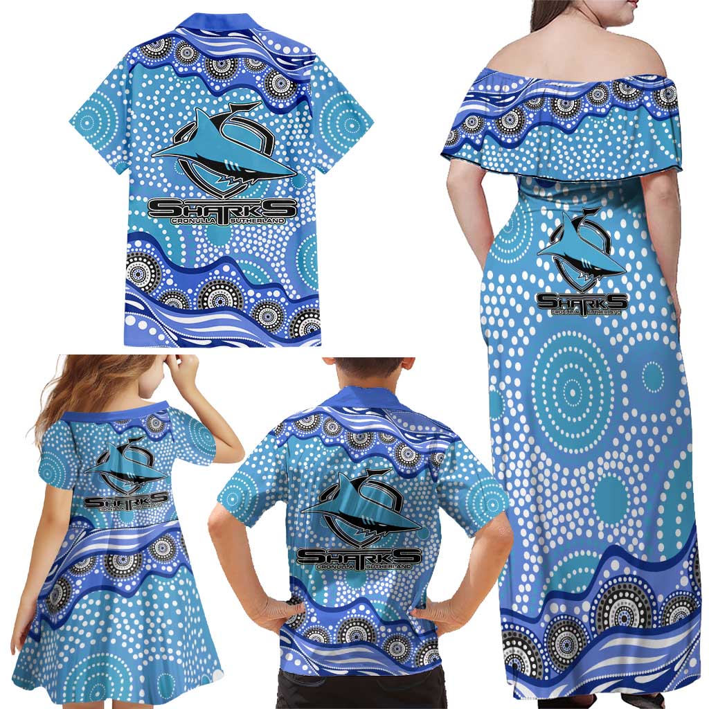 Cronulla Sutherland Sharks Family Matching Off Shoulder Maxi Dress and Hawaiian Shirt Aboriginal Dot Pattern - Rugby Mascot Heritage Pride