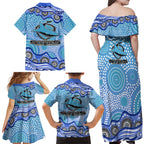 Cronulla Sutherland Sharks Family Matching Off Shoulder Maxi Dress and Hawaiian Shirt Aboriginal Dot Pattern - Rugby Mascot Heritage Pride