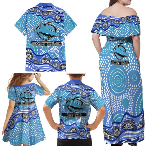 Cronulla Sutherland Sharks Family Matching Off Shoulder Maxi Dress and Hawaiian Shirt Aboriginal Dot Pattern - Rugby Mascot Heritage Pride
