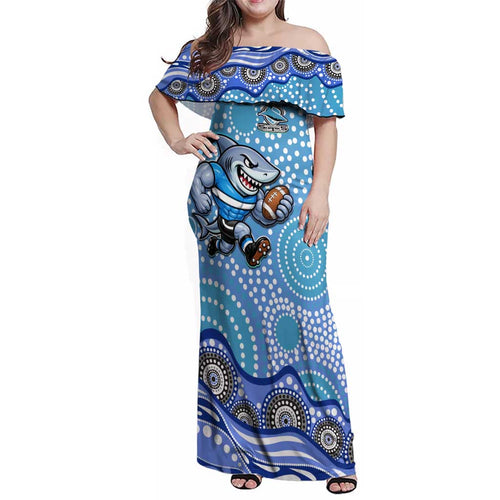 Cronulla Sutherland Sharks Family Matching Off Shoulder Maxi Dress and Hawaiian Shirt Aboriginal Dot Pattern - Rugby Mascot Heritage Pride