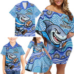 Cronulla Sutherland Sharks Family Matching Off Shoulder Short Dress and Hawaiian Shirt Aboriginal Dot Pattern - Rugby Mascot Heritage Pride