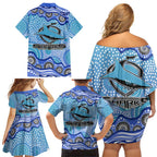 Cronulla Sutherland Sharks Family Matching Off Shoulder Short Dress and Hawaiian Shirt Aboriginal Dot Pattern - Rugby Mascot Heritage Pride