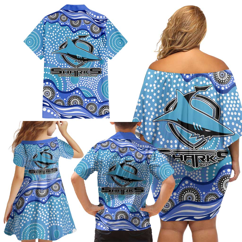 Cronulla Sutherland Sharks Family Matching Off Shoulder Short Dress and Hawaiian Shirt Aboriginal Dot Pattern - Rugby Mascot Heritage Pride