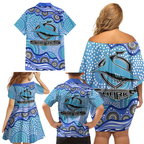 Cronulla Sutherland Sharks Family Matching Off Shoulder Short Dress and Hawaiian Shirt Aboriginal Dot Pattern - Rugby Mascot Heritage Pride