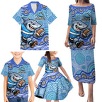 Cronulla Sutherland Sharks Family Matching Puletasi and Hawaiian Shirt Aboriginal Dot Pattern - Rugby Mascot Heritage Pride