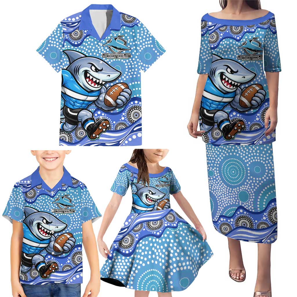 Cronulla Sutherland Sharks Family Matching Puletasi and Hawaiian Shirt Aboriginal Dot Pattern - Rugby Mascot Heritage Pride