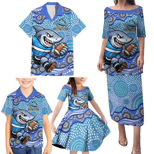 Cronulla Sutherland Sharks Family Matching Puletasi and Hawaiian Shirt Aboriginal Dot Pattern - Rugby Mascot Heritage Pride