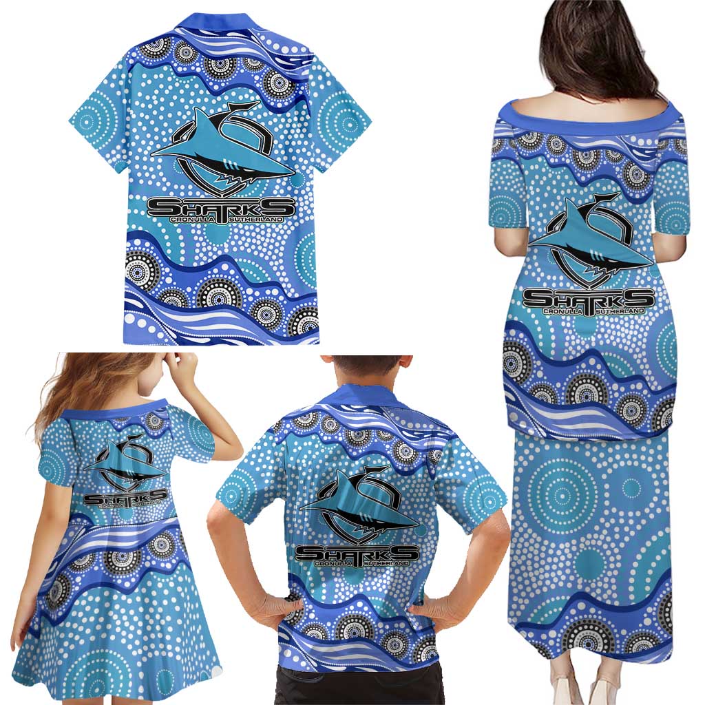 Cronulla Sutherland Sharks Family Matching Puletasi and Hawaiian Shirt Aboriginal Dot Pattern - Rugby Mascot Heritage Pride