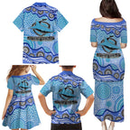 Cronulla Sutherland Sharks Family Matching Puletasi and Hawaiian Shirt Aboriginal Dot Pattern - Rugby Mascot Heritage Pride