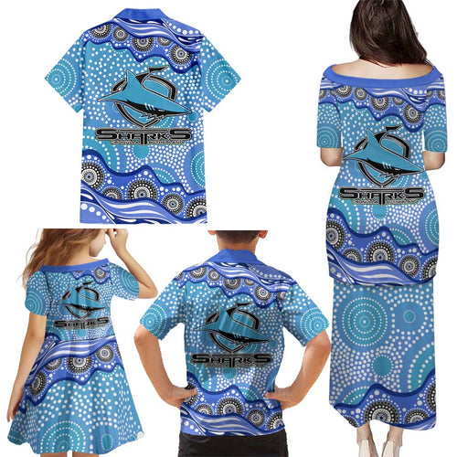 Cronulla Sutherland Sharks Family Matching Puletasi and Hawaiian Shirt Aboriginal Dot Pattern - Rugby Mascot Heritage Pride