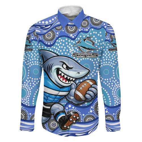 Cronulla Sutherland Sharks Family Matching Puletasi and Hawaiian Shirt Aboriginal Dot Pattern - Rugby Mascot Heritage Pride