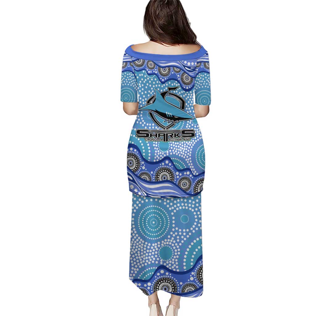 Cronulla Sutherland Sharks Family Matching Puletasi and Hawaiian Shirt Aboriginal Dot Pattern - Rugby Mascot Heritage Pride