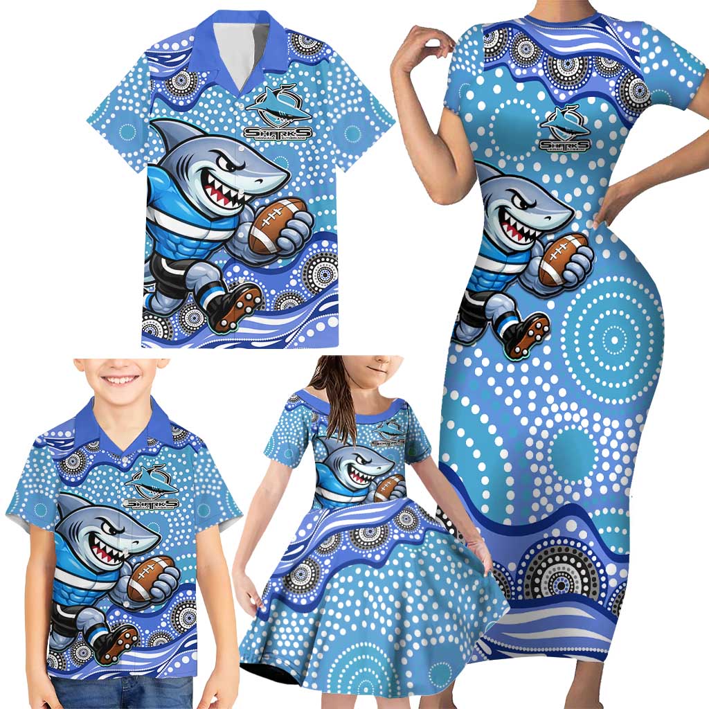 Cronulla Sutherland Sharks Family Matching Short Sleeve Bodycon Dress and Hawaiian Shirt Aboriginal Dot Pattern - Rugby Mascot Heritage Pride