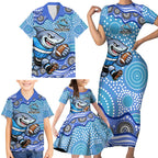 Cronulla Sutherland Sharks Family Matching Short Sleeve Bodycon Dress and Hawaiian Shirt Aboriginal Dot Pattern - Rugby Mascot Heritage Pride