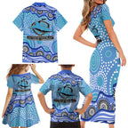 Cronulla Sutherland Sharks Family Matching Short Sleeve Bodycon Dress and Hawaiian Shirt Aboriginal Dot Pattern - Rugby Mascot Heritage Pride