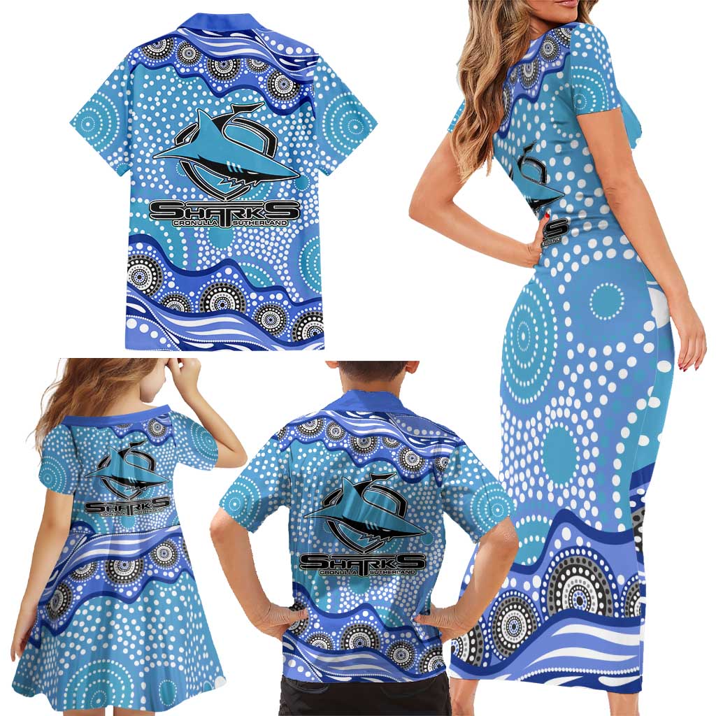 Cronulla Sutherland Sharks Family Matching Short Sleeve Bodycon Dress and Hawaiian Shirt Aboriginal Dot Pattern - Rugby Mascot Heritage Pride
