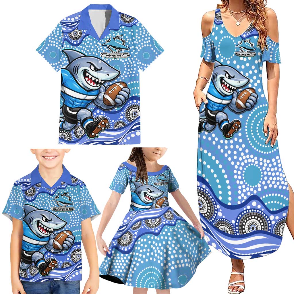Cronulla Sutherland Sharks Family Matching Summer Maxi Dress and Hawaiian Shirt Aboriginal Dot Pattern - Rugby Mascot Heritage Pride